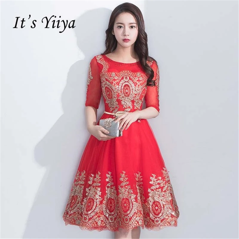 

It's YiiYa Bridesmaids Dresses for Lady O-neck Half Sleeves Bling Sequined Illusion Tea Length Short Formal Dress YS042