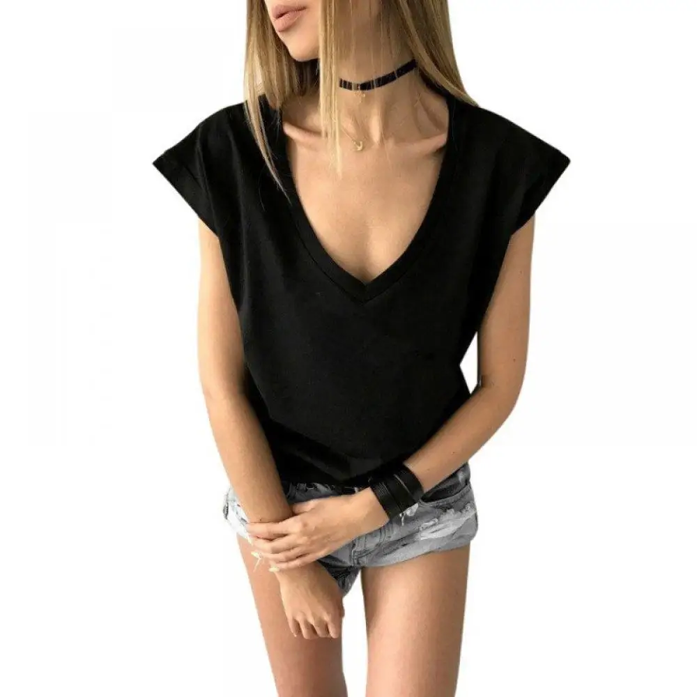 Female Casual Sexy T-shirt Top Tee New Arrival Women Women Tops Color Sleeve Summer Solid V-Neck Short T-shirts
