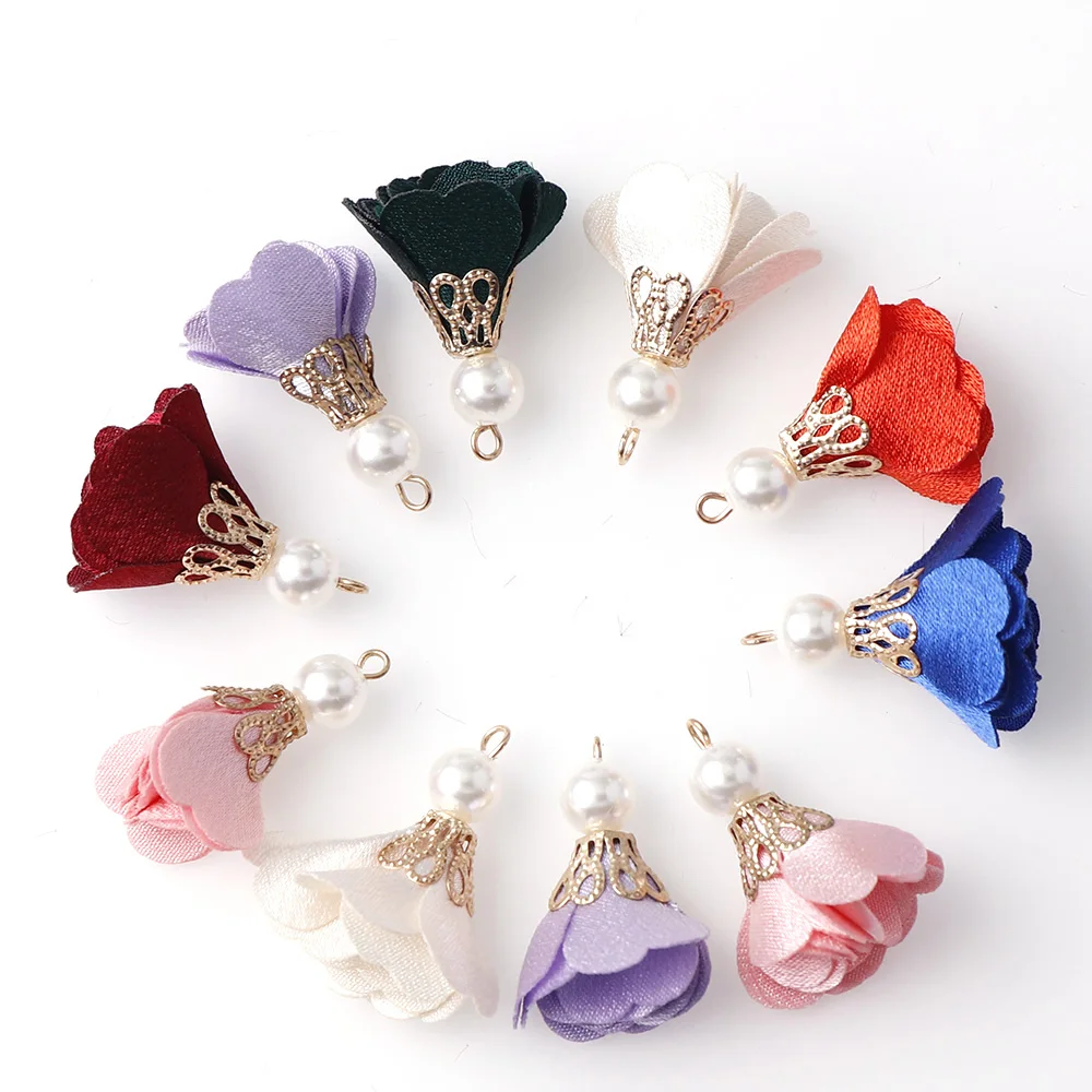 

10pcs Mix Color Silk Satin Fabric Flower Pearl Tassel Charms Flower Tassel For Jewelry DIY Keychain Cellphone Straps Jewelry