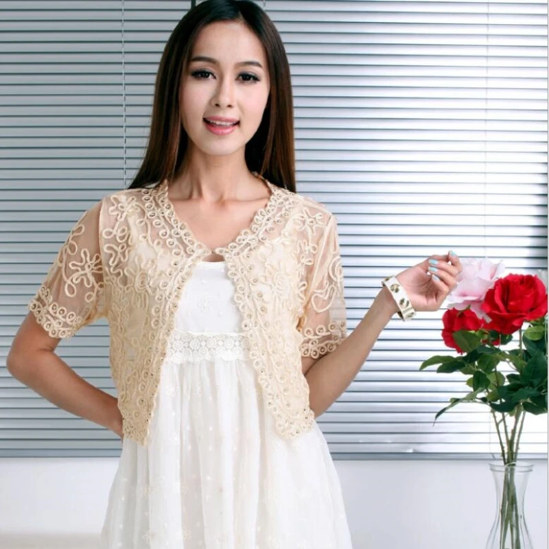 Women Basic Coat Embroidery Ribbon Bead Embellished Short Sleeve Cardigan See Through Sheer Lace