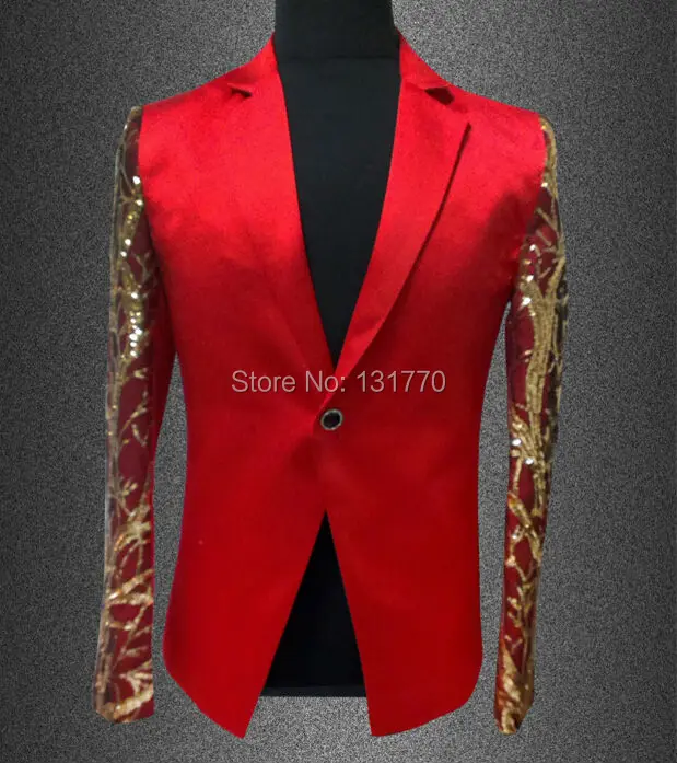 2016 новые модные мужские Костюмы Блейзер красный золотые блестки Тонкий Мужчины костюмы для сцены Одежда для сцены Звезда концерт куртка