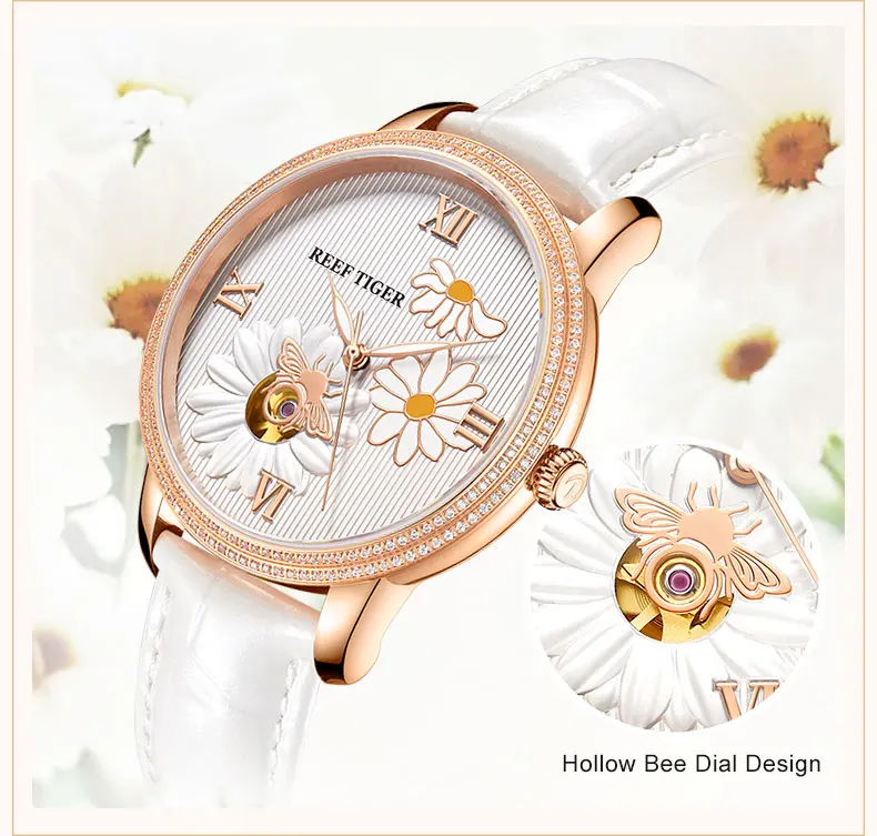 Reef Tiger/RT женские модные часы Топ брендовые Роскошные автоматические часы женские часы с ремешком из натуральной кожи Relogio Feminino RGA1585