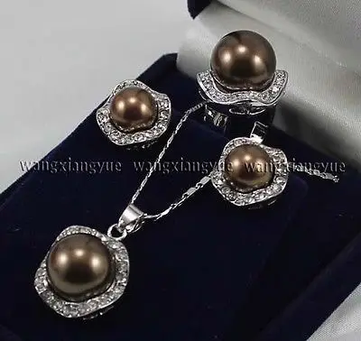 

Chocolate South sea Shell Pearl Beads/ Earrings Ring / Necklace Pendant Set>^^1>18K gold plated watch Quartz stone CZ crystal