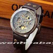 Vintage Bronze Automatique Mécanique Montre Dame Hommes De Luxe Style Brun Véritable en cuir Creux Squelette Robe Sport Nouveau Cadeau M118