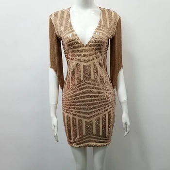

Gold Color Ladies Short Sleeve Sexy Tassel V-Neck Bodycon Mini Dress Club Night Dress Wholesale