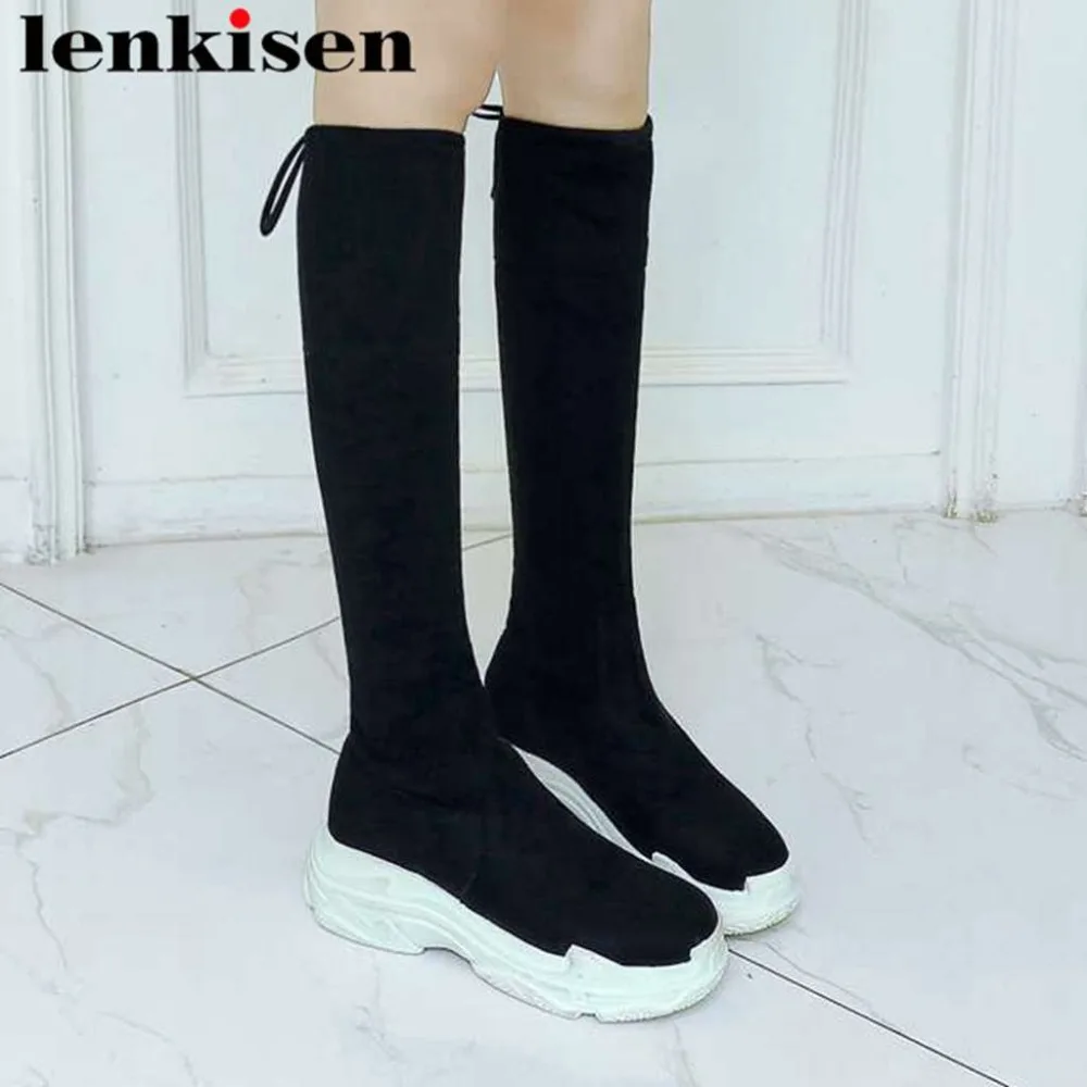 

Lenkisen concise style med thickk bottom platform bowtie stretch thigh high boots slender slip on round toe plus size boots L20