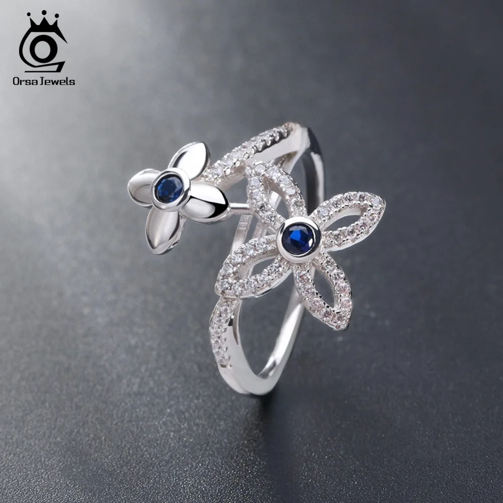 ORSA JEWELS Female's Rings Double Flowers Design AAA Blue Cubic Zirconia Fashion Ring Jewelry For Party OR45