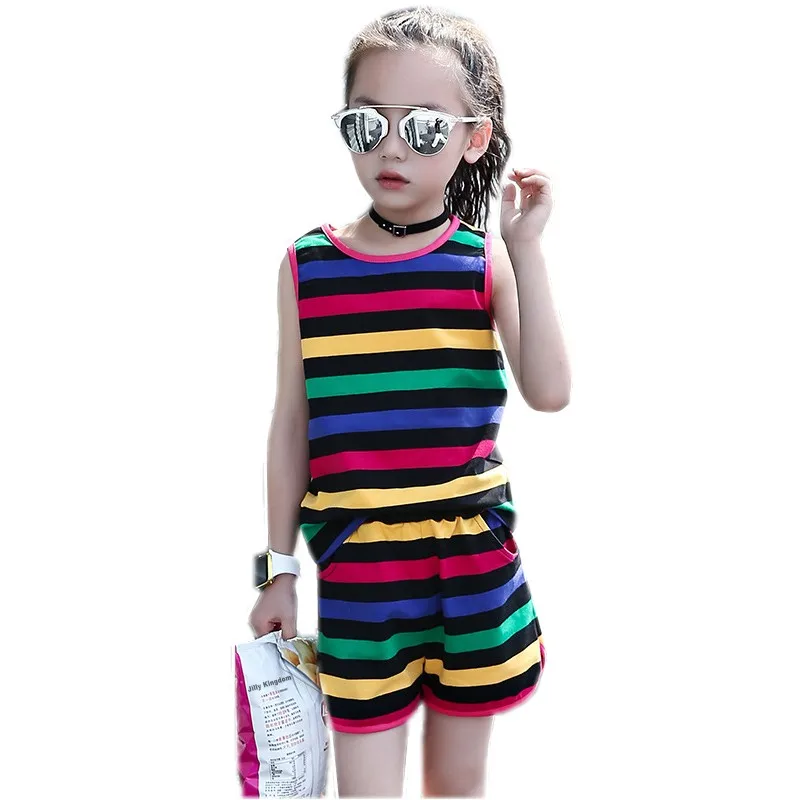 

Baby Girls Clothing Set 2018 Summer Baby Girls Clothes Vest Stripe Seeveless Rainbow Cotton Children Clothes Fashion Pullover