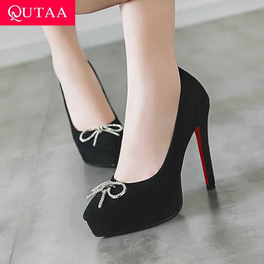 

QUTAA 2019 Women Pumps Thin High Heel Flock Rhinestone Butterfly-Knot Pointed Toe Ladies Single Shoes Platform3cm Size34-43
