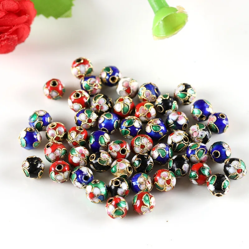 10 Gold Cloisonne Beads Handmade 8mm Round Shape Flower Design Enamel Metal