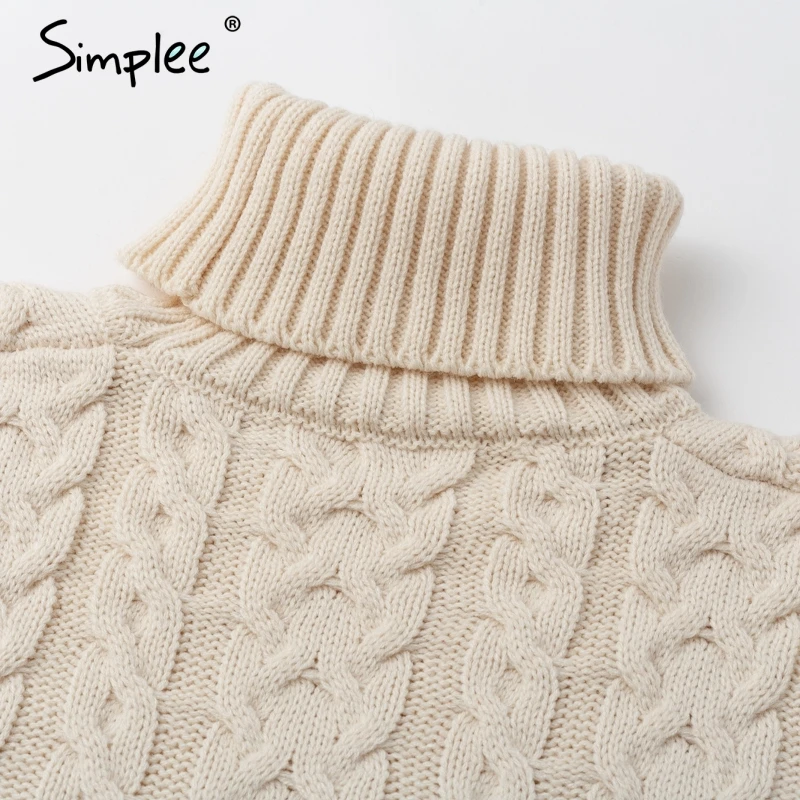 Simplee Elegant side split warm long sleeve women dress Turtleneck fit autumn winter sweater dress White dresses fashion 2018