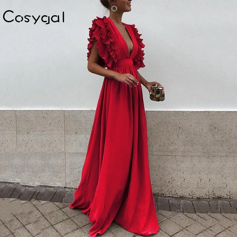COSYGAL, сексуальное красное платье макси, однотонное, повседневное, глубокий v-образный вырез, открытая спина, вечернее платье, Клубная одежда, летние, элегантные, длинные платья, Vestidos