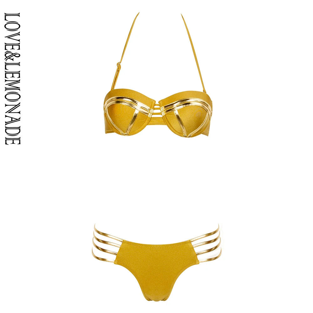 

Love&Lemonade Sexy Gold Tube Top Cutout Bikini LMS10