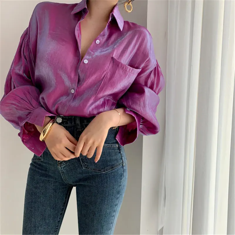 Koop HziriP 2019 Zomer Reflecterende Losse Vintage Mode Effen Dunne Tops Retro Gratis Elegante Vrouwen Alle Match Casual Shirts 2 Kleuren