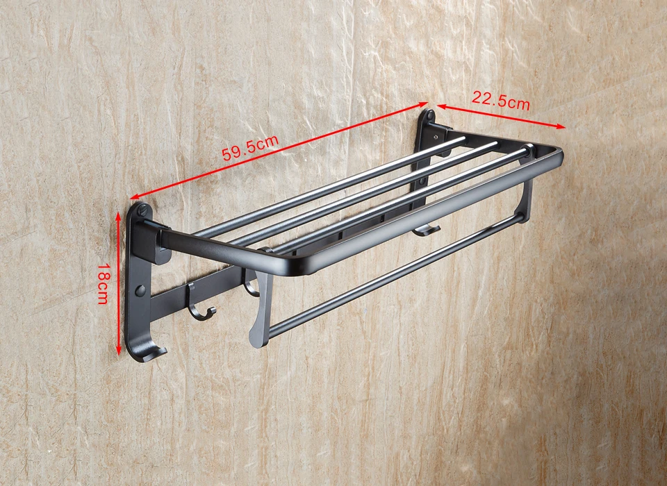 Черное пространство алюминиевый настенный складной держатель для полотенец для ванной комнаты держатель для полотенец для душа Полка для полотенец с крючками