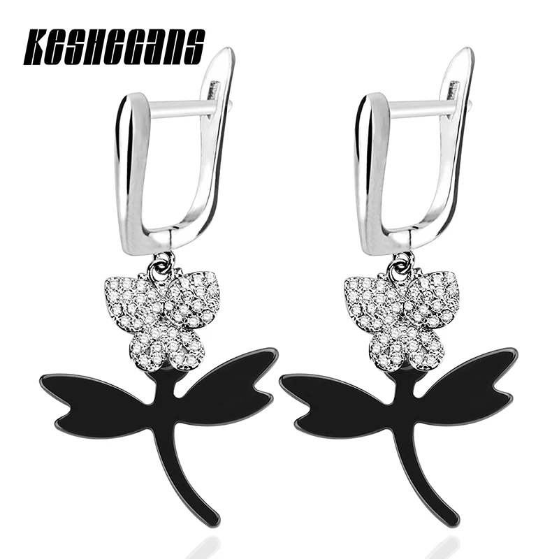 

Trendy Ceramic Cute Dragonfly Drop Earrings Bling Rhinestone Butterfly For Women Fashion Jewelry Black White Dangle Drop Earring