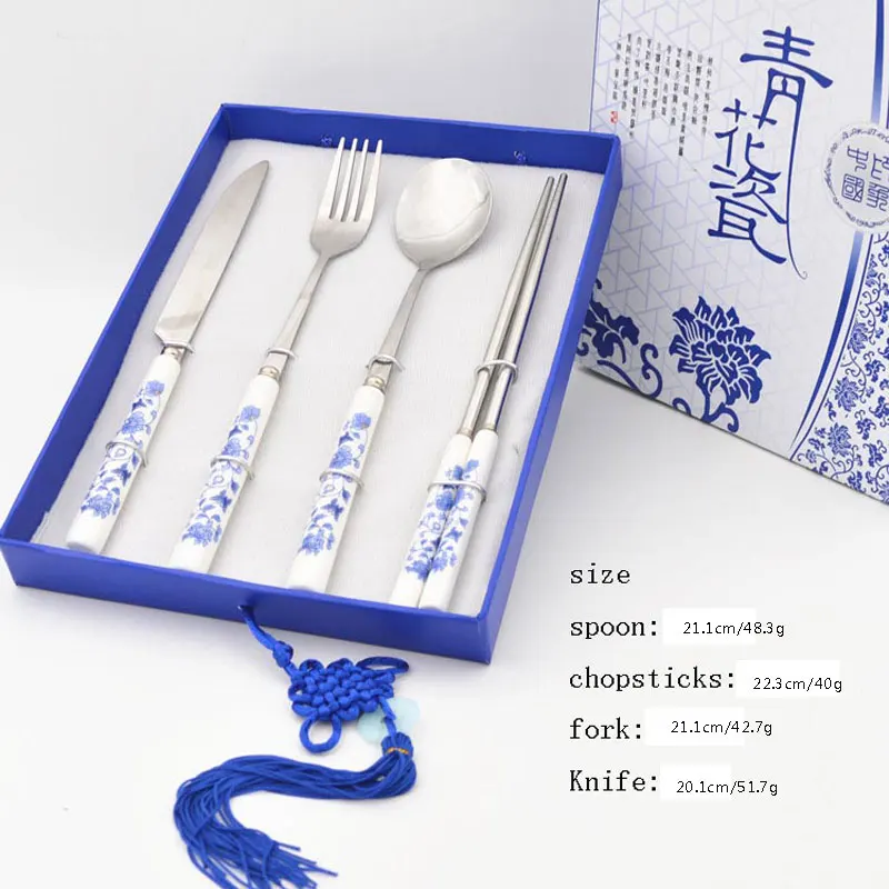 

Luxury Kitchen Dinnerware Set Blue and White Porcelain Ceramic Cutlery Tableware Spoon Fork Knife Chopsticks Set With Gift Box