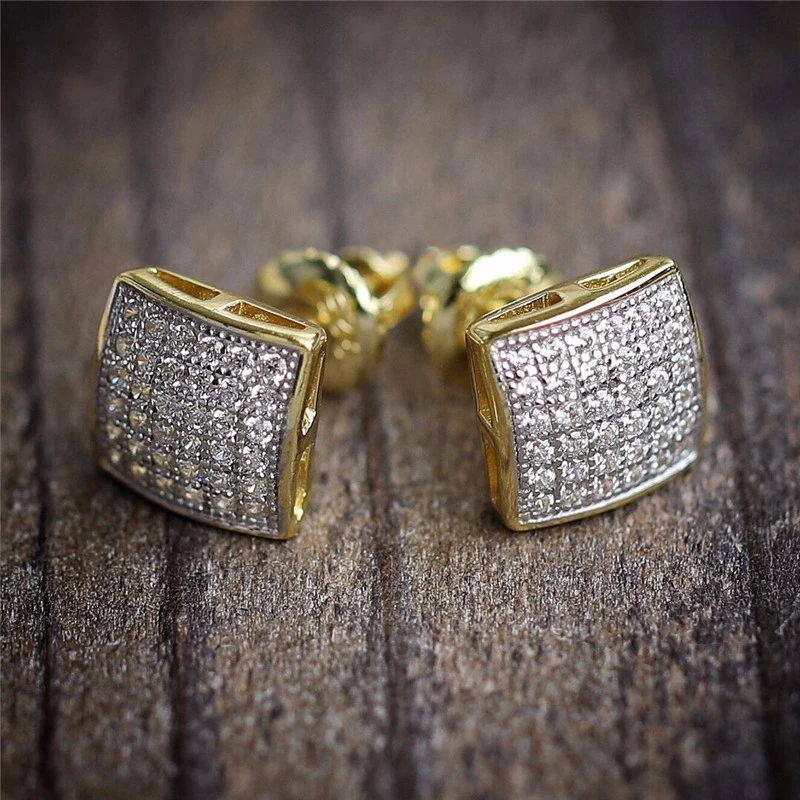 

Hip Hop Iced Out Bling Stud Earrings For Men Women Luxury Golden Micro Pave Cubic Zircon Square Stud Earring Gifts Z5T130