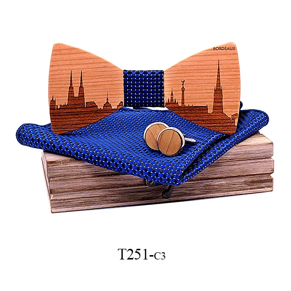 Mahoosive Франция Бордо Skyline деревянный галстук-бабочка галстуки бабочкой галстук-бабочка Skyline галстуки для мужчин Запонки носовой платок набор вина - Цвет: T251-C3