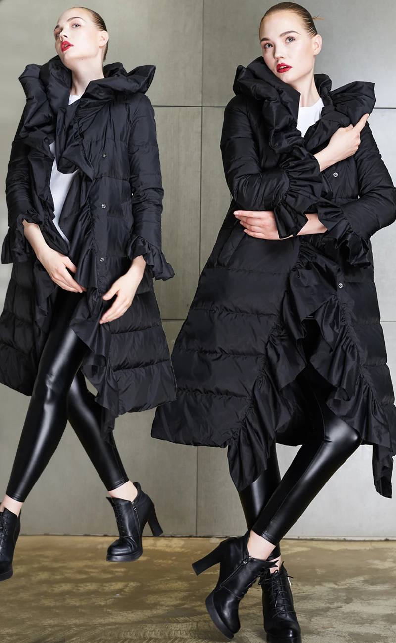 Европейский высококачественный модный женский пуховик с оборками, Длинное свободное женское пуховое пальто для женщин EF1838