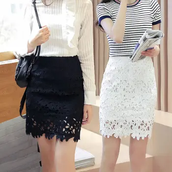 

Elegant Women Lace Flower Skinny Skirt A Line Hollow Out White Black Knee Length