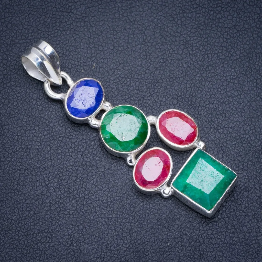 

Natural Emerald,Cherry Ruby and Sapphire Handmade Unique 925 Sterling Silver Pendant 2" A0293