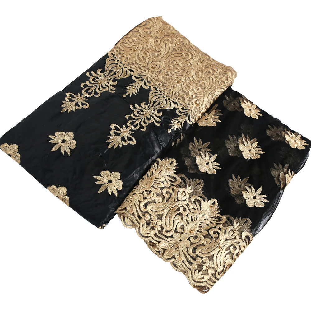 

African guinea brocade fabric african bazin riche black gold embroidery lace beadingnigerian gele headtie 5+2yards/lot