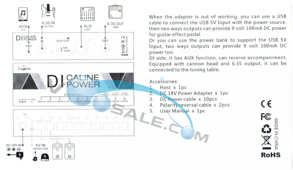 Caline DI Box мульти блок питания CP-201 DI power 10 Way 18V 1A для педали эффектов аксессуары для гитары Изолированное питание с кабелем XLR