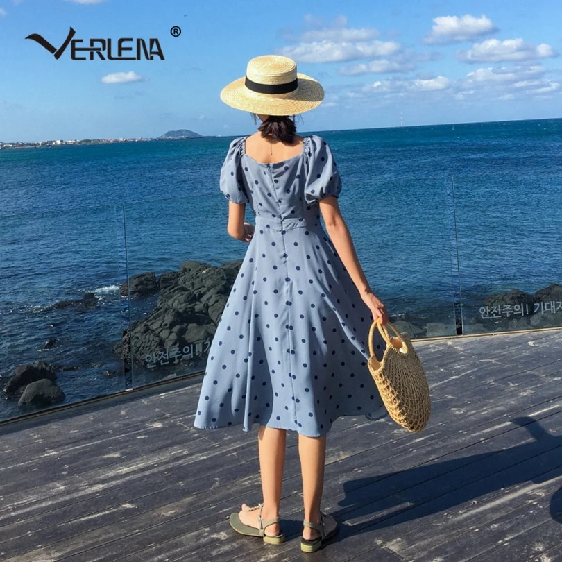 

Verlena Vintage Big Dots Print Blue Summer Dress Women 2019 Buttons Puff Short Sleeve High Waist A-Line Mid Calf Beach Dresses