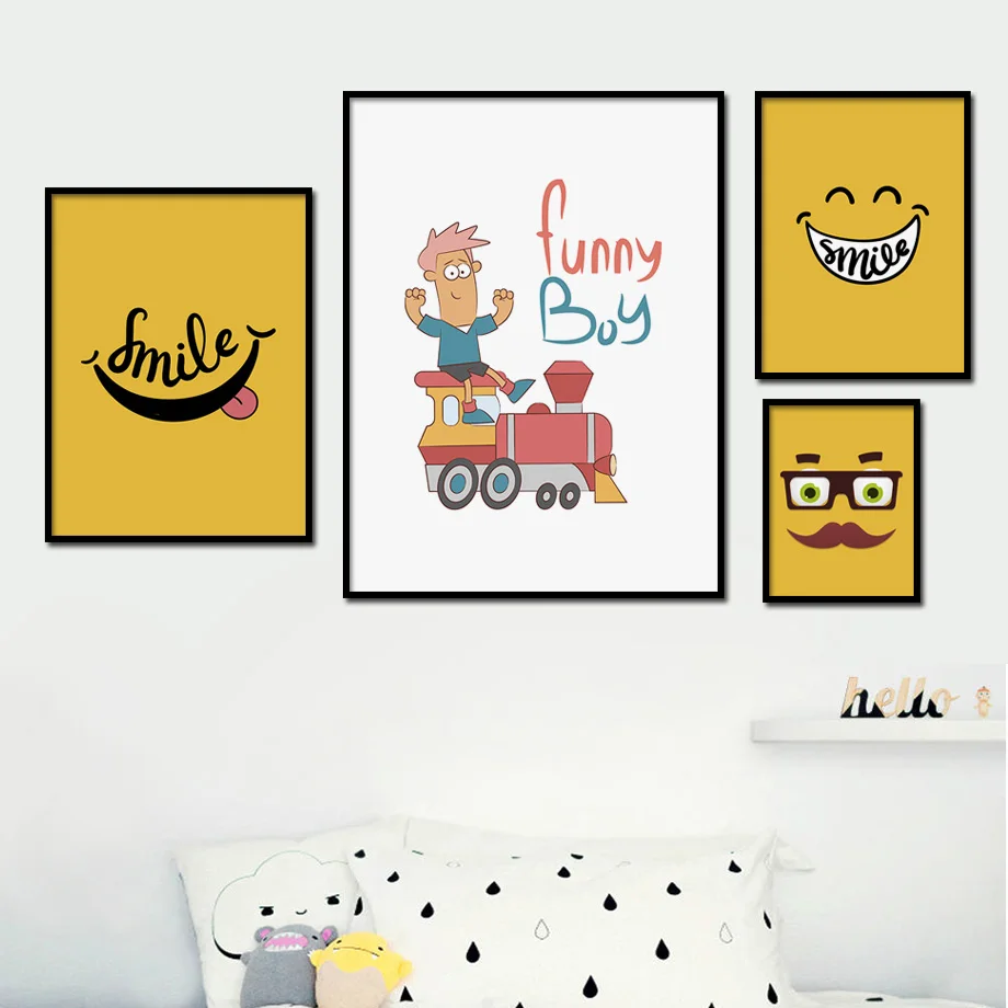 

Funny Cartoon Smile Face Boy Riding Train Wall Art Canvas Painting Nordic Posters and Prints Wall Pictures Baby Kids Room Decor