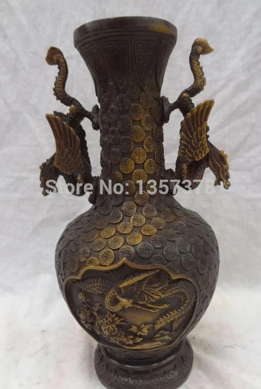 

shitou 00458 10" Chinese Bronze Wealth Coin Fly Dragon Phoenix Crane Statue Flower Vase Pot discount 30% (C0324)