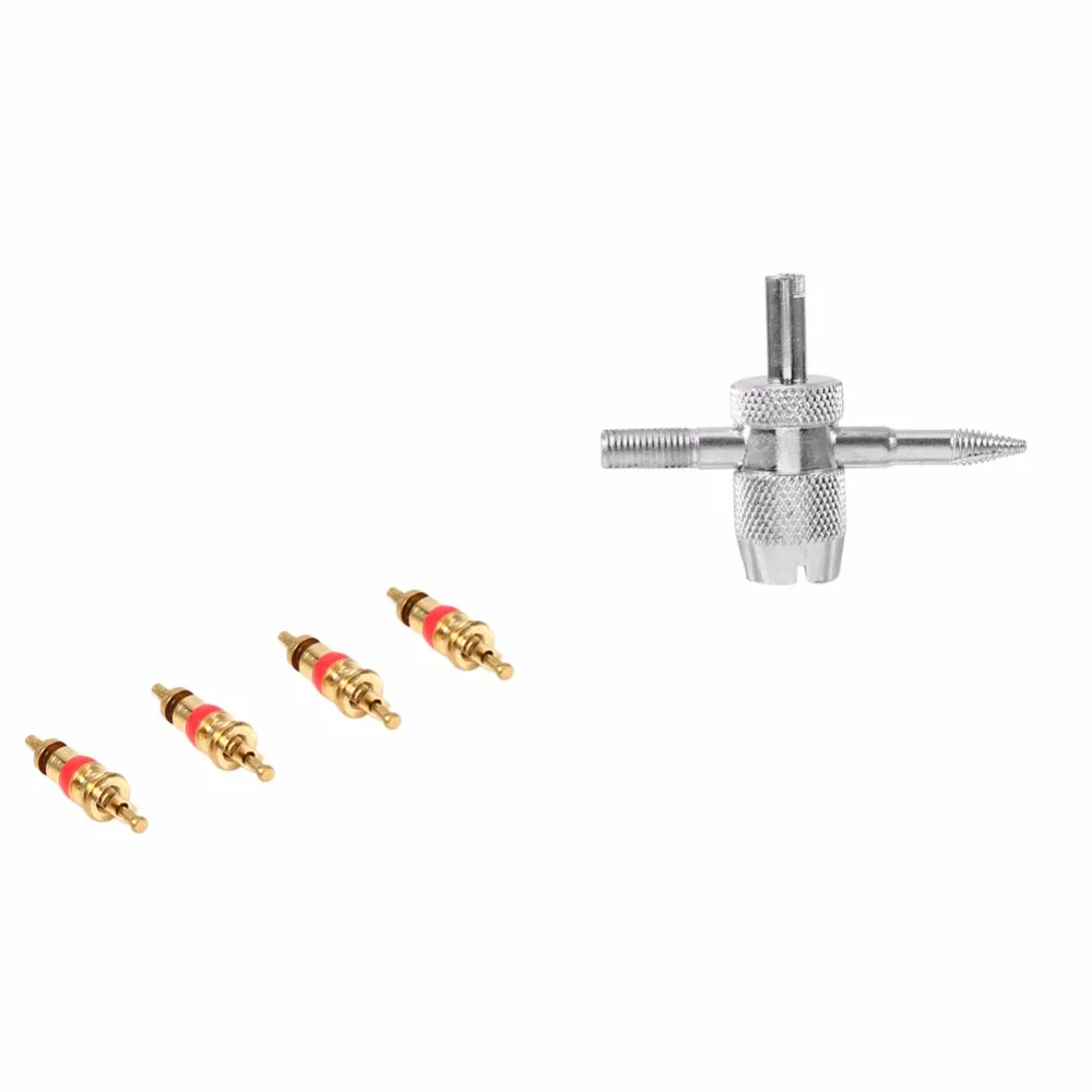 1 Set 4 Way Car Bike Tyre Valve Repair Remover Tool Tire Accessory + 4 Valve Stem Corein Valve