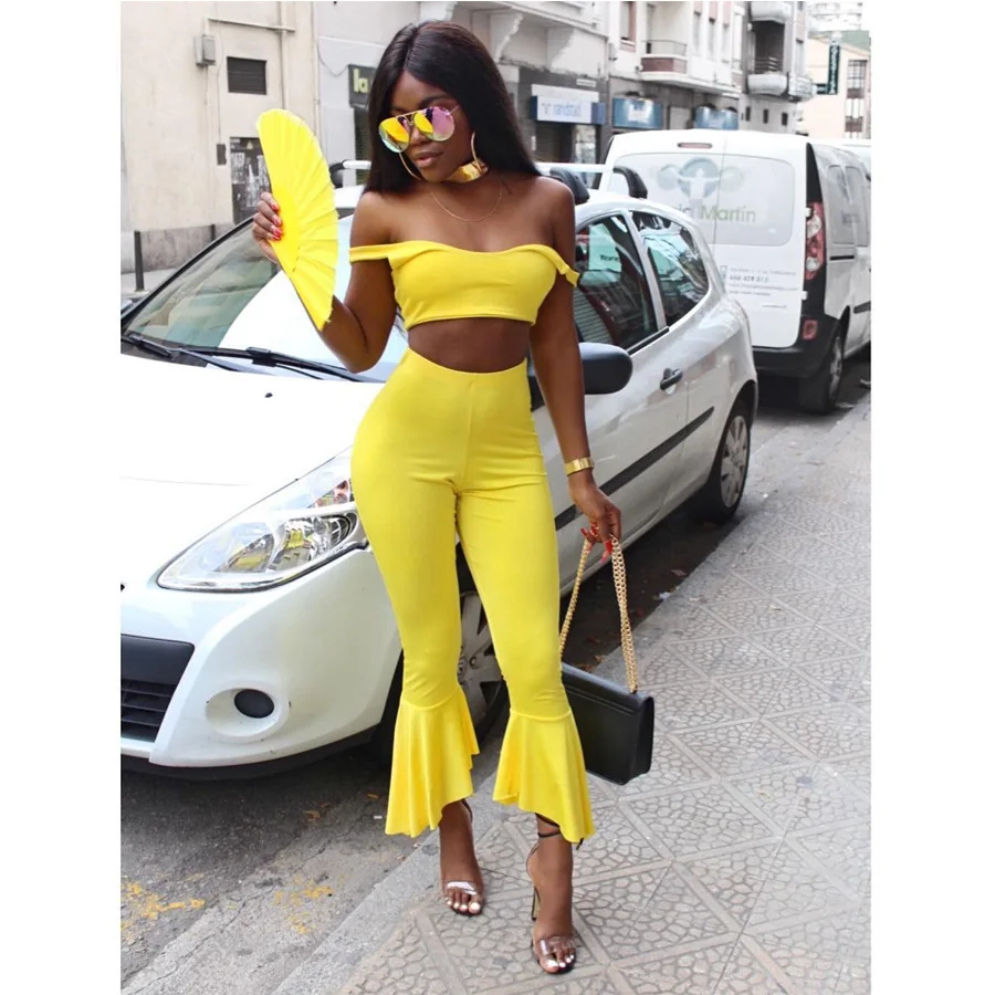 

Skinny Sexy Spaghetti Strap Set Crop Top and Pants Flare Pants Pants Set Two Piece Solid Women Set Womens Outfits 2018