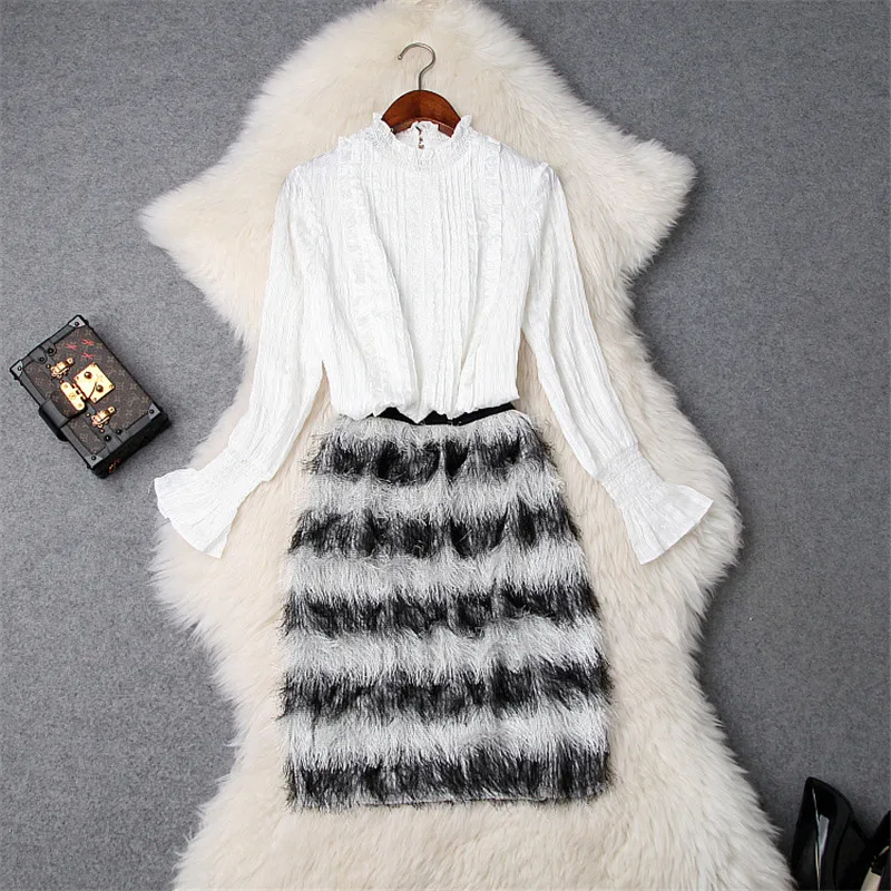 

2019 New Spring Runway 2Piece Skirt Set Women Designer Fashion Ruffles Full Sleeve Blouse+Tassel Pencil Skirt Set Party Outfits