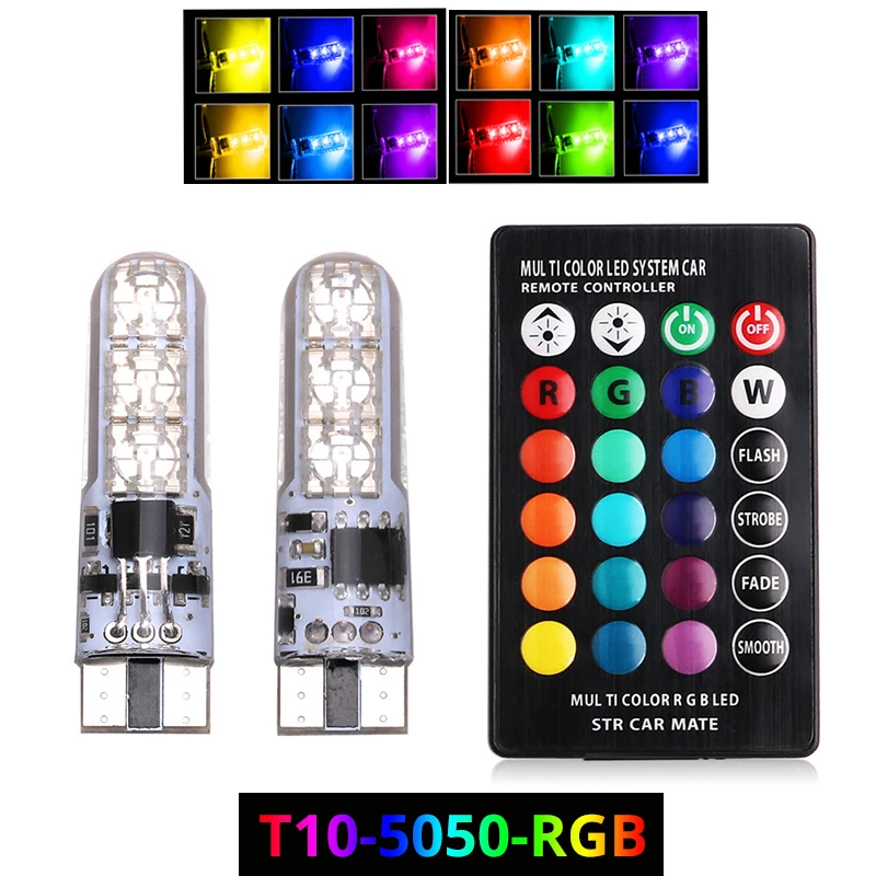 

T10 W5W RGB LED Car Lights W16W LED Bulbs With Remote Control 194 168 501 Strobe Led Lamp Reading Lights White Red Amber 12V