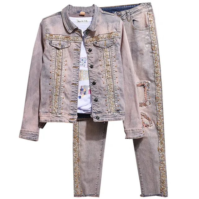 Jeans Set Woman Jean Jacket Pant Set Girls Female Sequined Denim Jacket