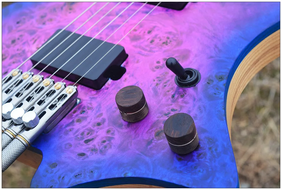 New NK Headless guitar Fanned Frets guitar Blue/Purple Color Eye Poplar top Flame maple Neck Eelectric Guitar free shipping