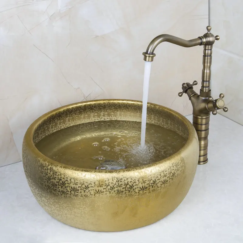 Round Paint Golden Bowl Sinks / Vessel Basins With Washbasin Ceramic