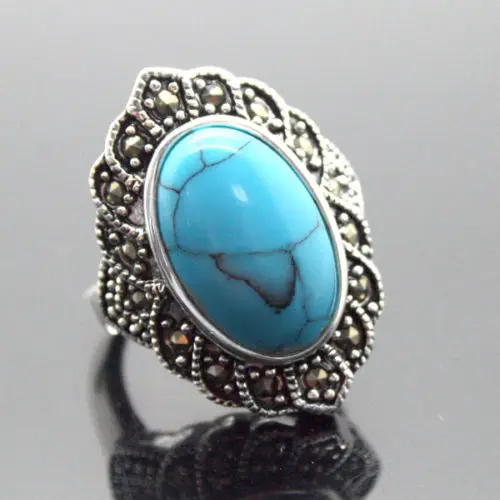 

17X30mm Blue stone Oval Gem 925 Sterling Silver Marcasite Ring Size 7/8/9/10# real Natural gem stone 925 silver Ladies Jewelry
