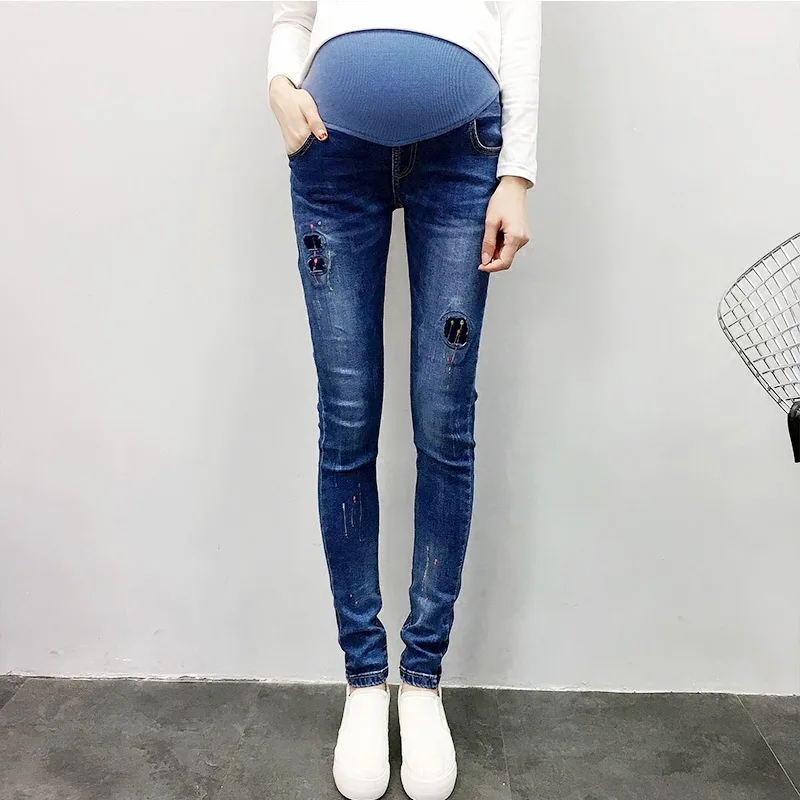 

New 2018 Autumn Pregnant Women Fashion Casual Vintage Denim Pencil Elastic Waist Belly Pants Maternity Cotton Jeans Trousers Hot