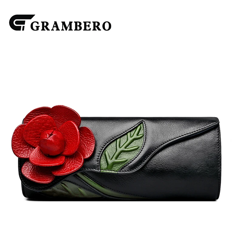 

Fashion 3D Flower Genuine Leather Clutch Wallet Women Banquet Top Leather Modern Handbag Long Purse Party Shoulder Bags Gifts