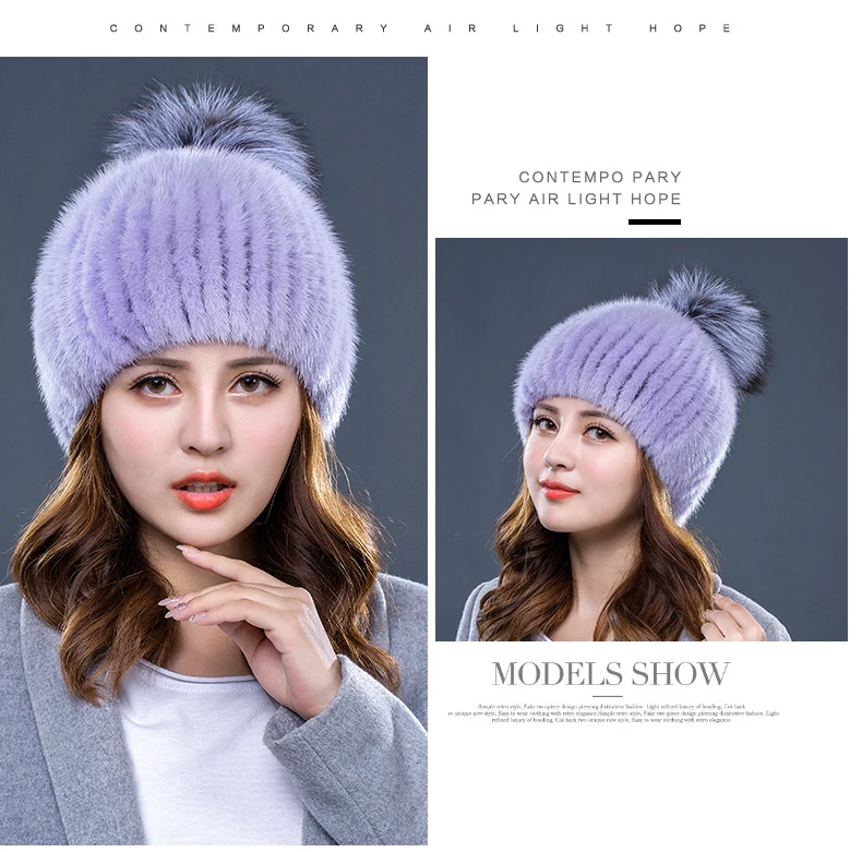 Winter hats Real Mink Fur Fat For Women Knitted Natual fur Beanies Female Thick Warm With Hat Fox Fur Pompom RC1349 (15)