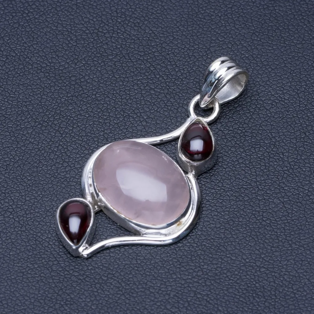 

Natural Rose Quartz and Amethyst Punk Style 925 Sterling Silver Pendant 1 1/2" Q0552