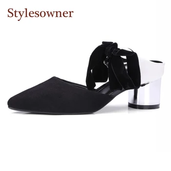 

Stylesowner Pointed Toe Chunky Heel Women Slippers For Spring Summer Mixed Color Genuine Leather Butterfly Knot Slip Mules Shoes