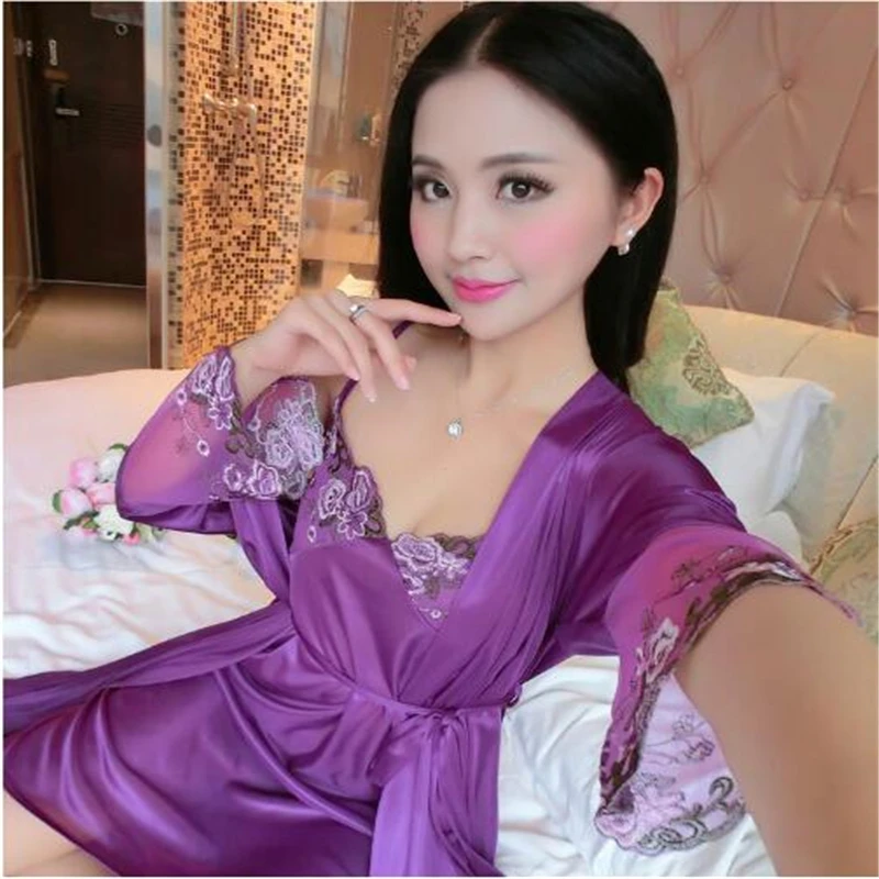 2017 New Summer Spring Women Sexy Silk Nightdress Sets V Neck Nightgown 