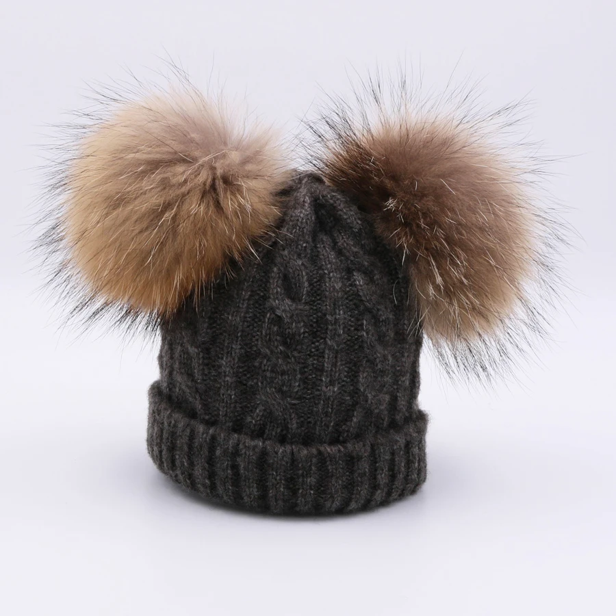 YWMQFUR Милая шапка с помпоном из натурального меха для детей зимние вязаные шапочки шапка с настоящим шарик из меха енота детская съемная меховая шапка