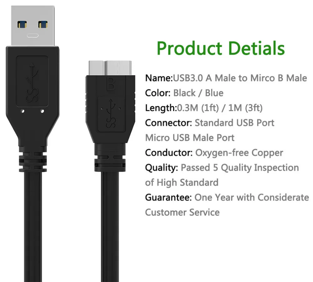 USB Micro B кабель 0,3 m/1 m USB 3,0 type A к Micro B шнур для внешнего жесткого диска HDD samsung S5 Note3 USB HDD кабель для передачи данных