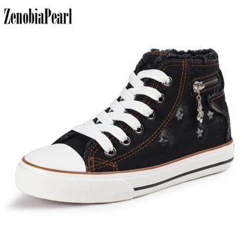 

ZENOBIAPEARL Size 25-37 Children Shoes Kids Canvas Sneakers Boys Jeans Flats Girls Side Zipper Shoes Boys Casual Shoes