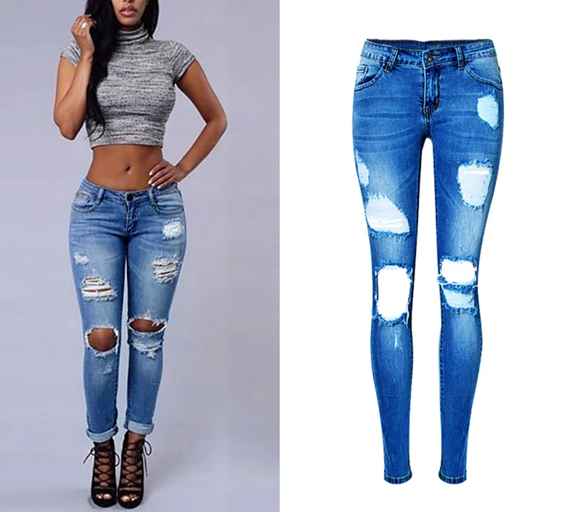 2017 New Hot Selling Women Low-waist Slim Elastic Jeans Pants Fit Close Pencil Pants Irregular Broken Hole Washed with Plus Size (2)