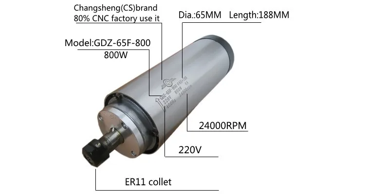 800 Вт воздушное охлаждение шпинделя ER11 фрезерный 800 Вт 220 В 65*188 мм с 4 подшипника